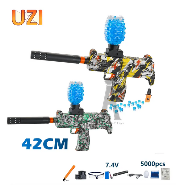 Детский Гель Бластер UZI аккумуляторный, стреляет шариками Орбиз + 5 000 Орбиз, Желтый граффити GLEUZIB фото